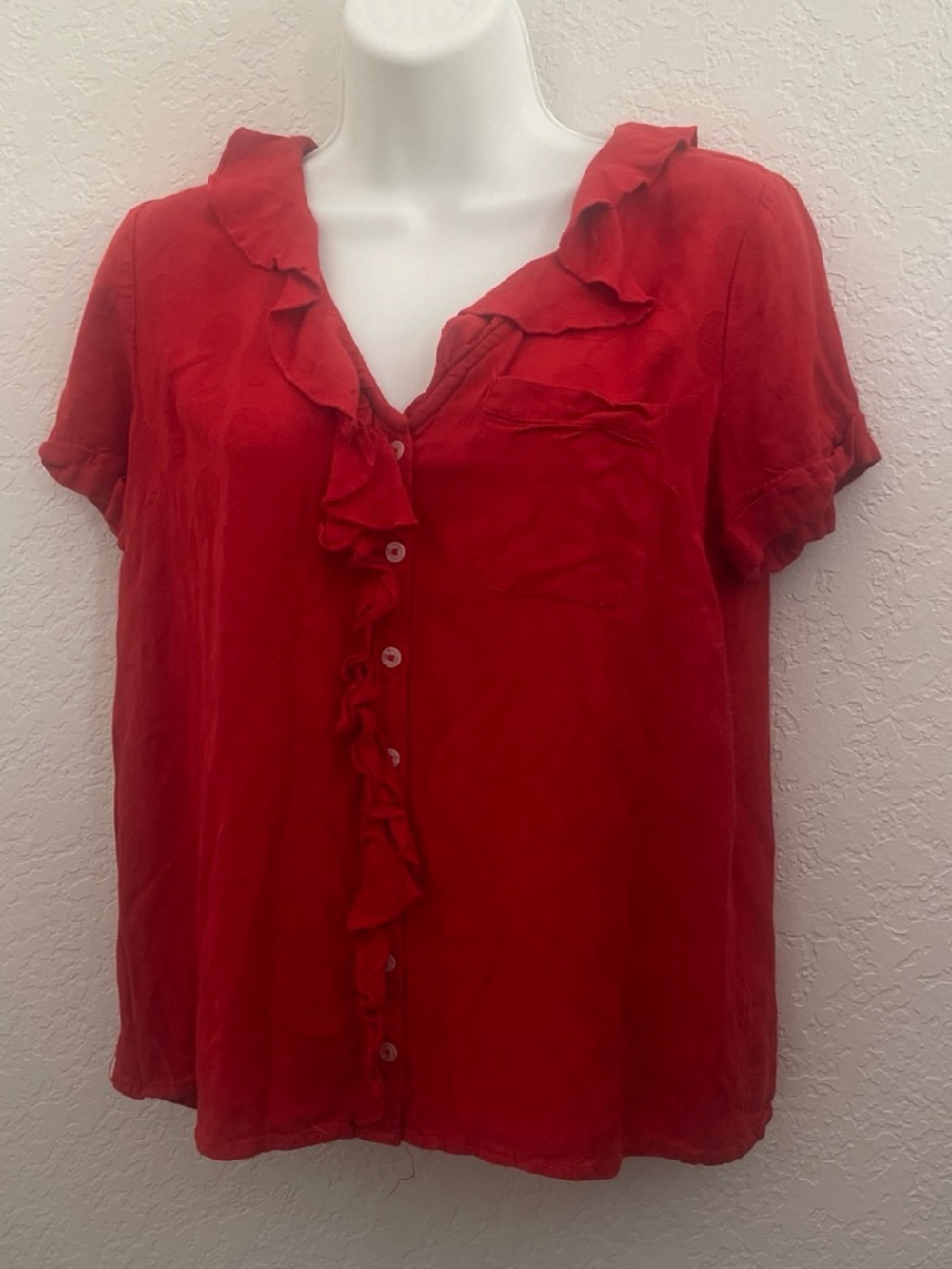 Anthropologie Red Ruffle Button-Down Blouse